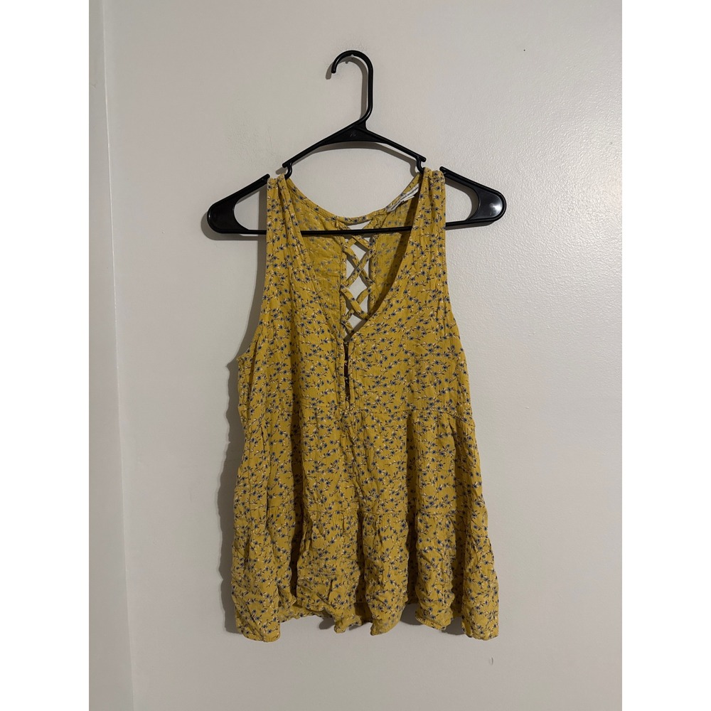 American Eagle Yellow Floral Lattice Back Tiered Babydoll Tank Top Small